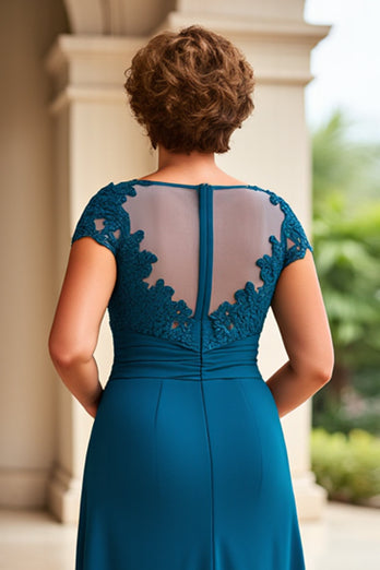 Ink Blue Sheath Chiffon Long Mother of the Bride Dress with Cap Sleeves