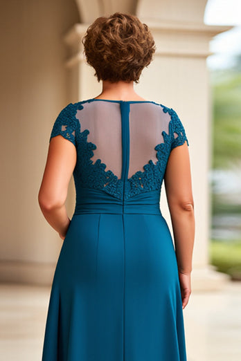 Ink Blue Sheath Chiffon Long Mother of the Bride Dress with Cap Sleeves