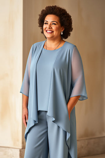 Dusty Blue Chiffon 3/4 Sleeves Jumpsuit Mother of the Bride Dress