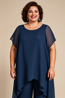 Load image into Gallery viewer, Navy Chiffon Asymmetrical 2 Piece Jumpsuit with Short Sleeves
