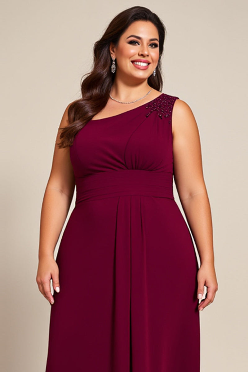 Load image into Gallery viewer, Plus Size Burgundy A Line One Shoulder Mother of the Bride Dress