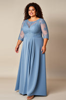Load image into Gallery viewer, Dusty Blue Appliqued Pleated A Line Mother of the Bride Dress