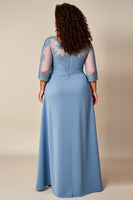 Load image into Gallery viewer, Dusty Blue Appliqued Pleated A Line Mother of the Bride Dress