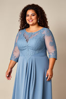Load image into Gallery viewer, Dusty Blue Appliqued Pleated A Line Mother of the Bride Dress