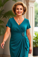 Load image into Gallery viewer, Peacock V Neck Ruched Maxi Sheath Mother of the Bride Dress with Ruffles