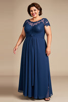 Load image into Gallery viewer, Navy Illusion Boat Neck Plus Size A Line Mother of the Bride Dress with Lace