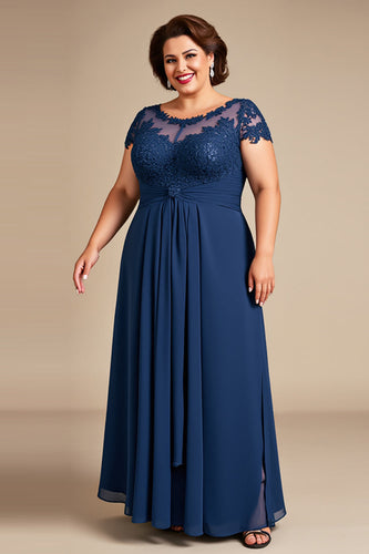 Navy Illusion Boat Neck Plus Size A Line Mother of the Bride Dress with Lace