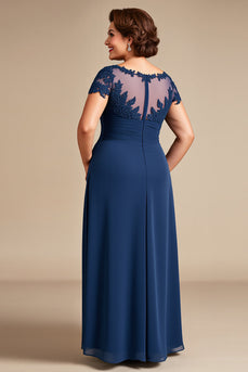 Navy Illusion Boat Neck Plus Size A Line Mother of the Bride Dress with Lace