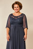 Load image into Gallery viewer, Steel Grey Chiffon Illusion Boat Neck Mother of the Bride Dress with Appliques