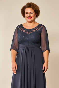 Steel Grey Chiffon Illusion Boat Neck Mother of the Bride Dress with Appliques