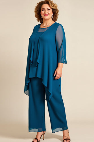 Ink Blue Chiffon Plus Size Mother of the Bride Pantsuit with Ruffles