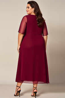 Burgundy Chiffon Boat Neck Plus Size Mother of the Bride Dress