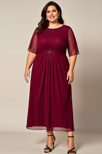 Burgundy Chiffon Boat Neck Plus Size Mother of the Bride Dress