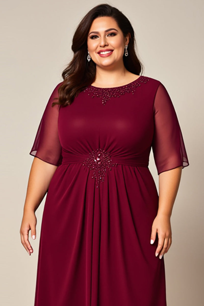 Load image into Gallery viewer, Burgundy Chiffon Boat Neck Plus Size Mother of the Bride Dress