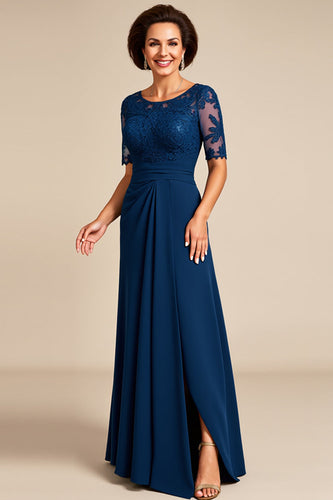 Navy Chiffon Appliqued A Line Mother of the Bride Dress