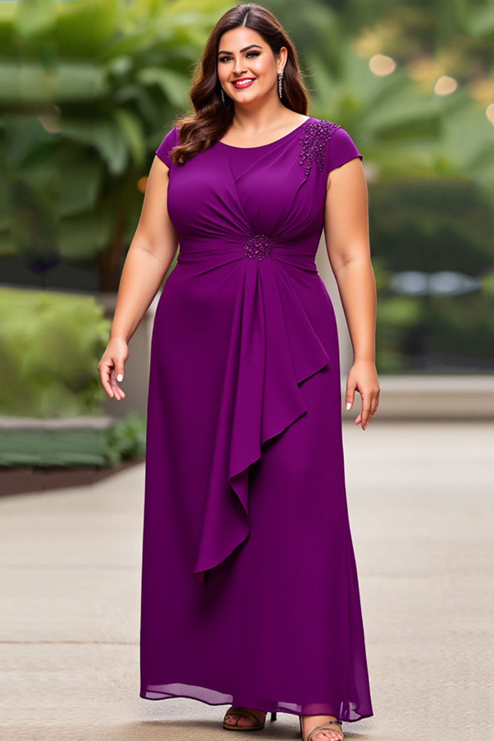 Purple Chiffon A Line Cap Sleeves Plus Size Mother of the Bride Dress