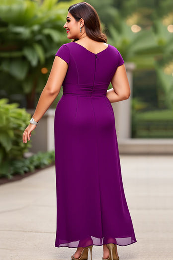 Purple Chiffon A Line Cap Sleeves Plus Size Mother of the Bride Dress