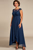 Load image into Gallery viewer, Navy Chiffon Appliqued Illusion Boat Neck Mother of the Bride Dress