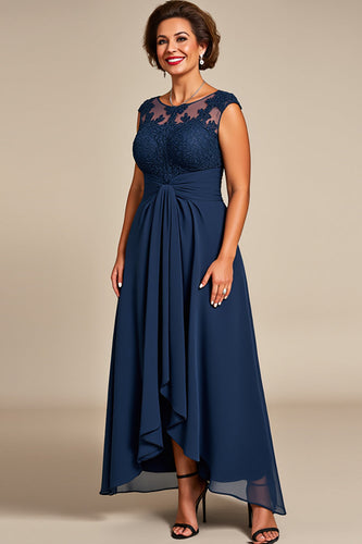 Navy Chiffon Appliqued Illusion Boat Neck Mother of the Bride Dress