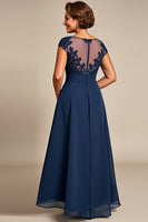 Load image into Gallery viewer, Navy Chiffon Appliqued Illusion Boat Neck Mother of the Bride Dress