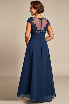 Navy Chiffon Appliqued Illusion Boat Neck Mother of the Bride Dress