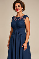 Load image into Gallery viewer, Navy Chiffon Appliqued Illusion Boat Neck Mother of the Bride Dress