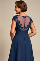 Load image into Gallery viewer, Navy Chiffon Appliqued Illusion Boat Neck Mother of the Bride Dress