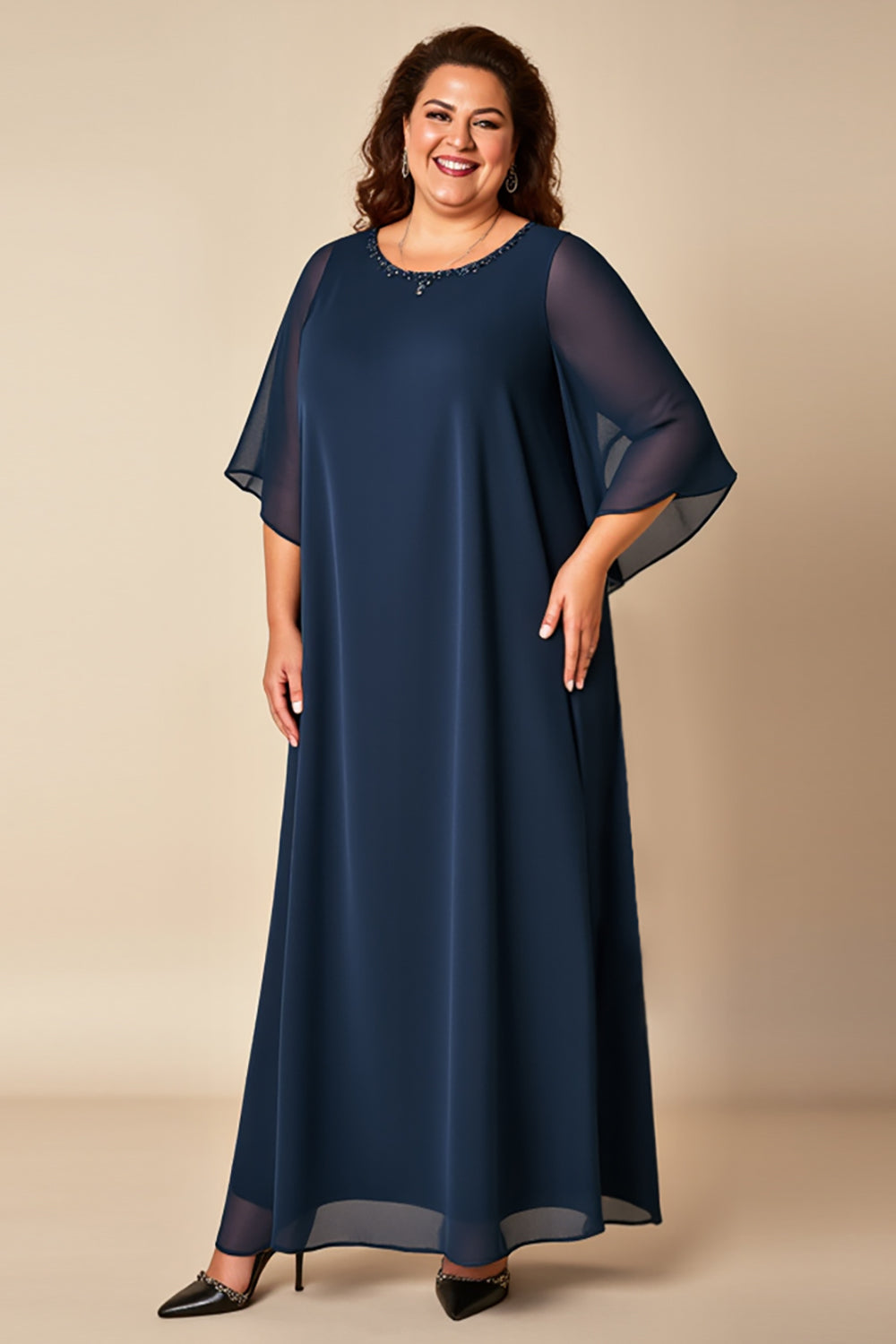 Navy Chiffon Plus Size Loose Mother of the Bride Dress