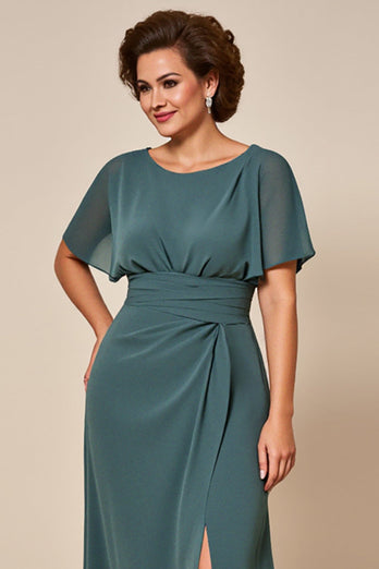 Grey Blue Chiffon Sheath Mother of the Bride Dress with Slit