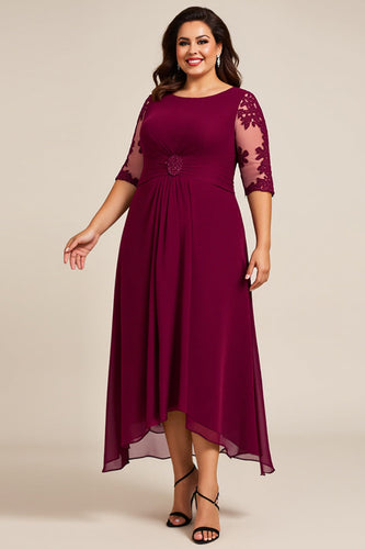 Burgundy Appliqued Chiffon Plus Size Mother of the Bride Dress