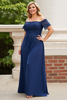 Load image into Gallery viewer, Navy Off the Shoulder Plus Size Appliqued Chiffon Mother of the Bride Dress