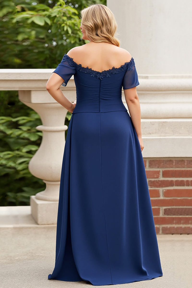 Load image into Gallery viewer, Navy Off the Shoulder Plus Size Appliqued Chiffon Mother of the Bride Dress