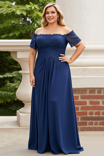 Navy Off the Shoulder Plus Size Appliqued Chiffon Mother of the Bride Dress