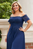 Load image into Gallery viewer, Navy Off the Shoulder Plus Size Appliqued Chiffon Mother of the Bride Dress