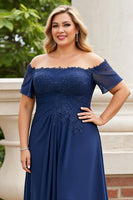 Load image into Gallery viewer, Navy Off the Shoulder Plus Size Appliqued Chiffon Mother of the Bride Dress