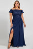 Load image into Gallery viewer, Navy Plus Size Off the Shoulder Chiffon Mother of the Bride Dress with Slit