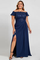 Load image into Gallery viewer, Navy Plus Size Off the Shoulder Chiffon Mother of the Bride Dress with Slit
