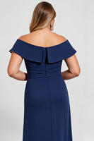 Load image into Gallery viewer, Navy Plus Size Off the Shoulder Chiffon Mother of the Bride Dress with Slit