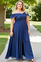Load image into Gallery viewer, Navy Plus Size Appliqued Off the Shoulder Chiffon Mother of the Bride Dress
