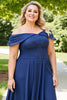Load image into Gallery viewer, Navy Plus Size Appliqued Off the Shoulder Chiffon Mother of the Bride Dress