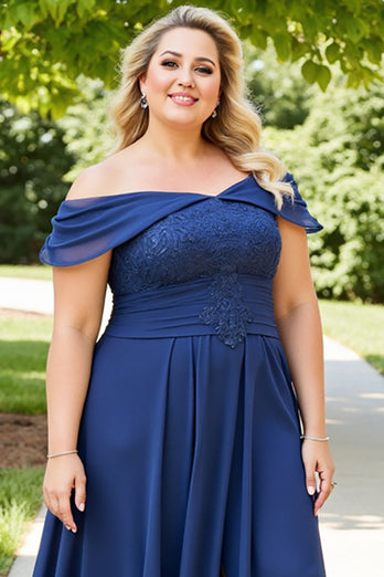 Navy Plus Size Appliqued Off the Shoulder Chiffon Mother of the Bride Dress