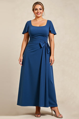 Ink Blue Scoop Neck Plus Size Mother of the Bride Dress with Bow