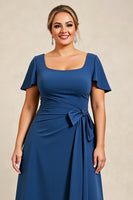 Load image into Gallery viewer, Ink Blue Scoop Neck Plus Size Mother of the Bride Dress with Bow