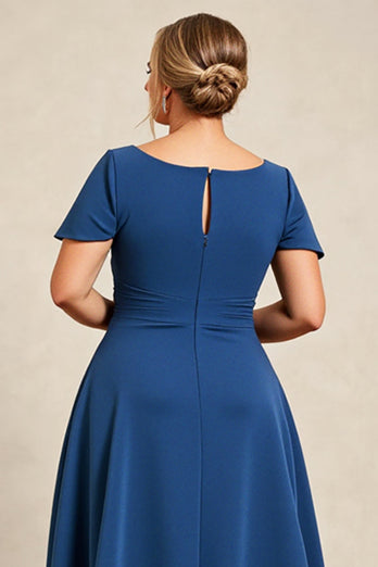 Ink Blue Scoop Neck Plus Size Mother of the Bride Dress with Bow