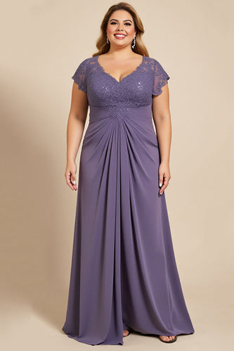 Grey Purple Ruched Plus Size Mother of the Bride Dress with Appliques