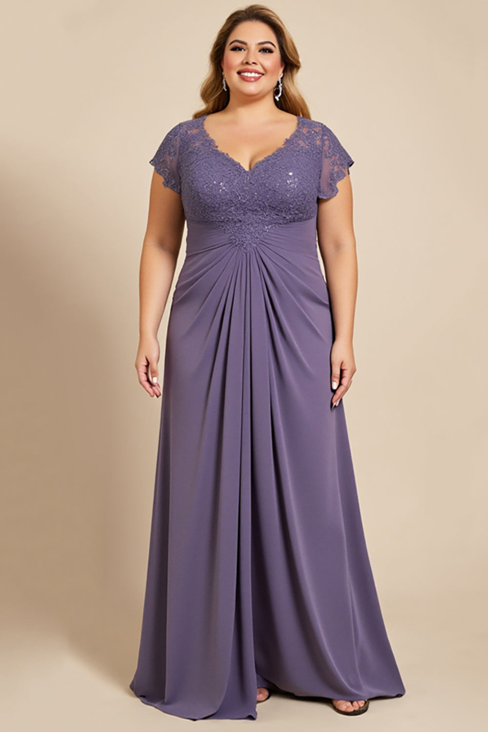 Grey Purple Ruched Plus Size Mother of the Bride Dress with Appliques