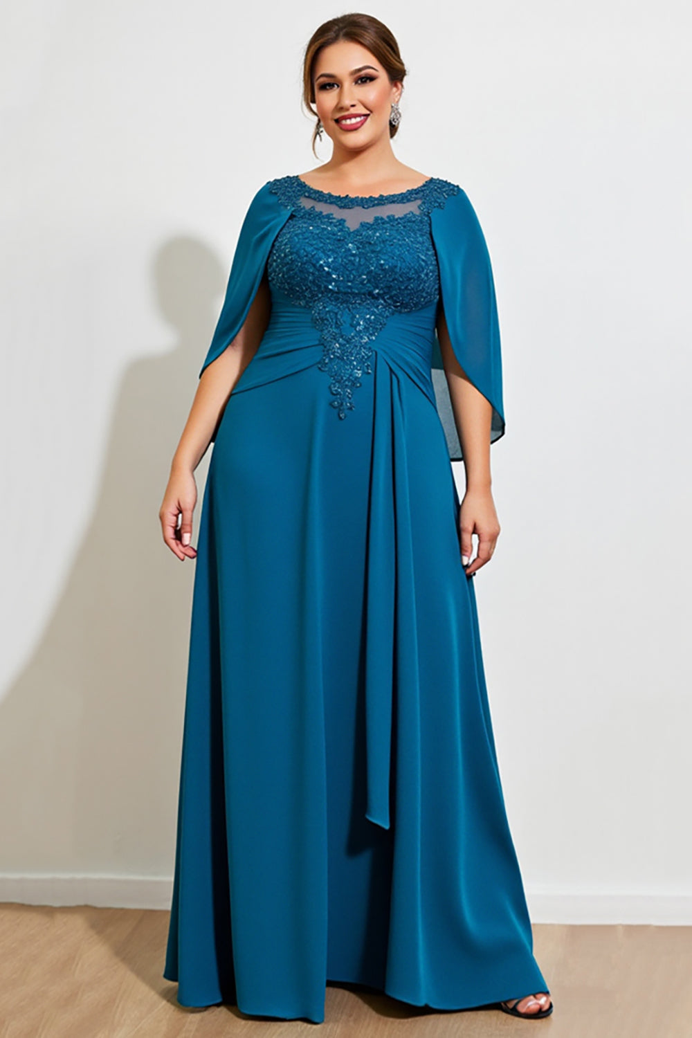 Peacock Chiffon Appliqued Plus Size Mother of the Bride Dress with Cape