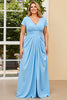 Load image into Gallery viewer, Sky Blue V Neck Plus Size Ruched Mother of the Bride Dress