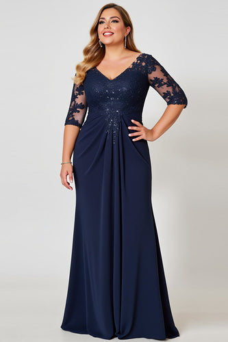 Navy Plus Size V Neck Chiffon Mother of the Bride Dress with Appliques