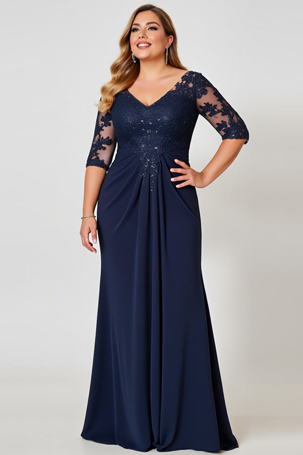 Navy Plus Size V Neck Chiffon Mother of the Bride Dress with Appliques